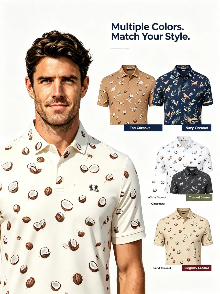 Coastal Coconut & Palm Print Golf Polo - Breathable UV Shield Pique Island Resort Apparel — custom golf shirt in 90% Moisture-Wicking Poly / 10% Spandex Pique (175 GSM), Full-Bleed Digital Sublimation Dye, low MOQ 50 pcs — view 3