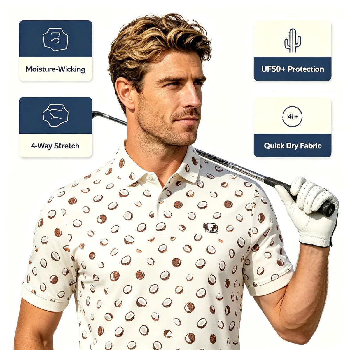 Coastal Coconut & Palm Print Golf Polo - Breathable UV Shield Pique Island Resort Apparel — custom golf shirt in 90% Moisture-Wicking Poly / 10% Spandex Pique (175 GSM), Full-Bleed Digital Sublimation Dye, low MOQ 50 pcs — view 5