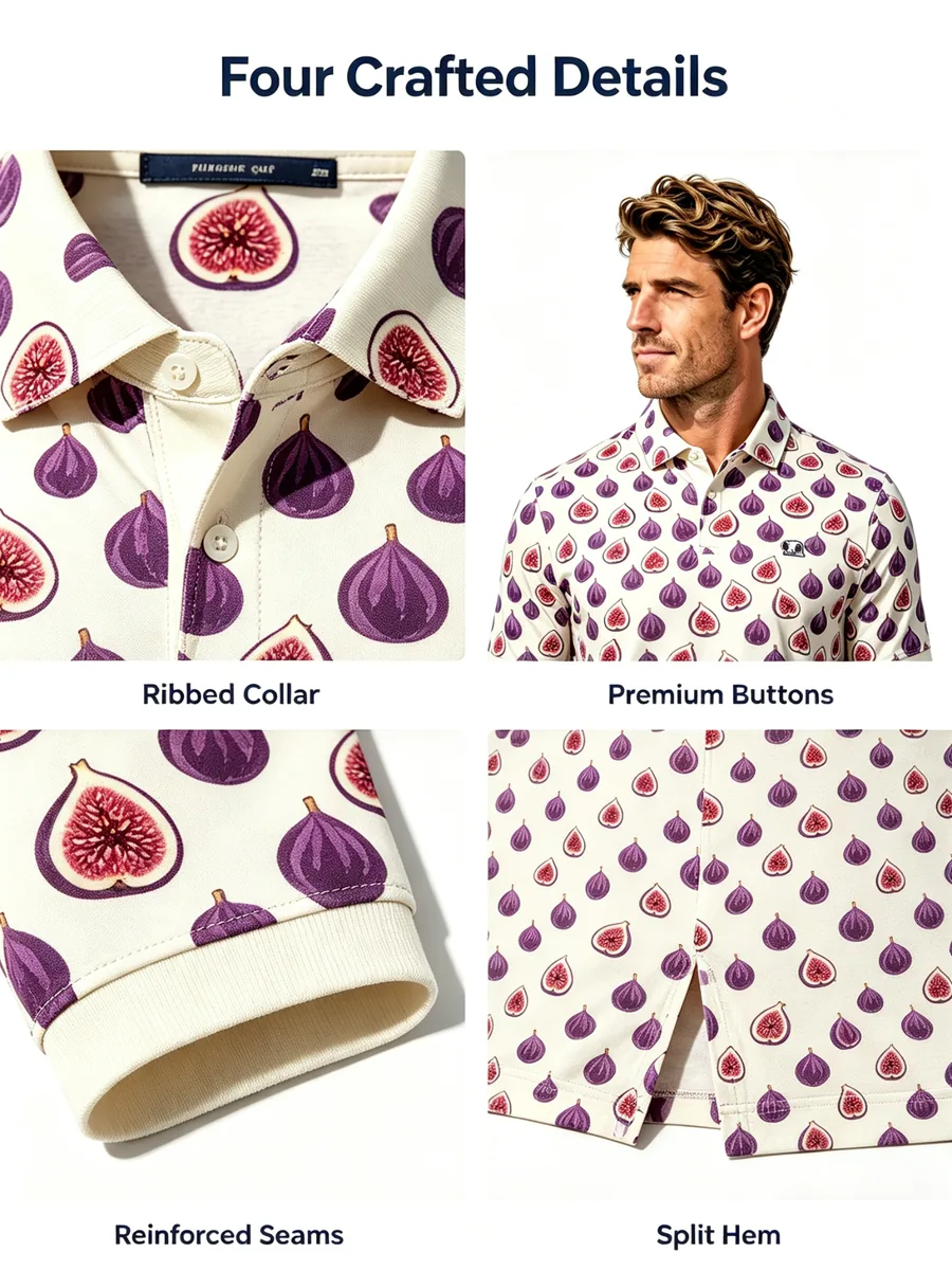 Quiet Luxury Mediterranean Fig Golf Polo - Monochrome Fine-Line Silky Drape VIP Shirt — custom golf shirt in 92% Micro-Poly / 8% Spandex Interlock (170 GSM), Full-Bleed Digital Sublimation Dye, low MOQ 50 pcs — view 3