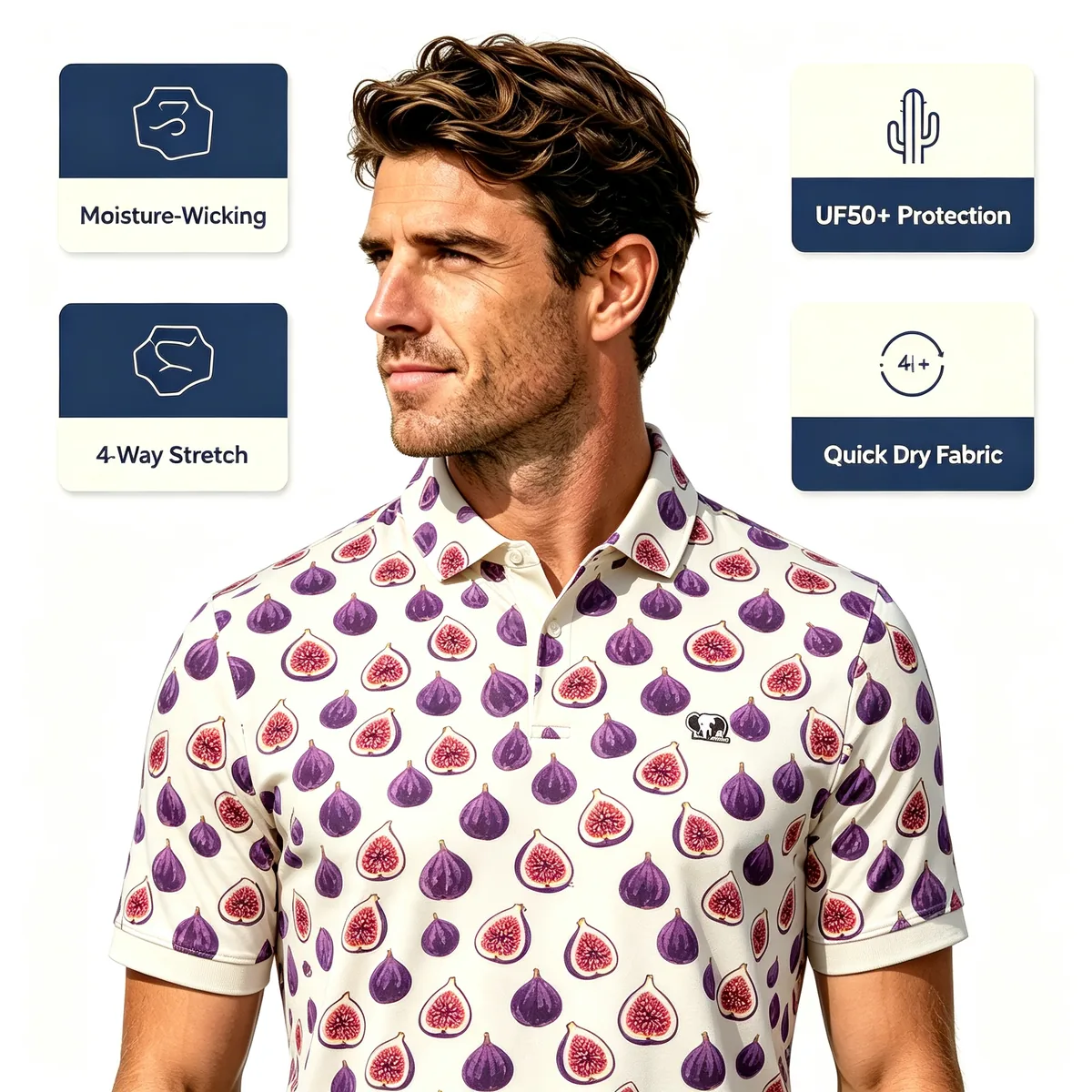 Quiet Luxury Mediterranean Fig Golf Polo - Monochrome Fine-Line Silky Drape VIP Shirt — custom golf shirt in 92% Micro-Poly / 8% Spandex Interlock (170 GSM), Full-Bleed Digital Sublimation Dye, low MOQ 50 pcs