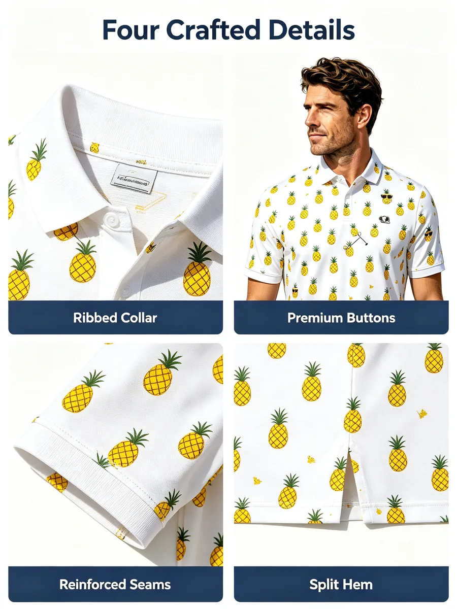 Micro Pineapple Print Resort Golf Polo - 4-Way Stretch Quick Dry Summer Vacation Shirt — custom golf shirt in 88% Recycled Poly / 12% Spandex Silky Jersey (165 GSM), Full-Bleed Digital Sublimation Dye, low MOQ 50 pcs — view 2