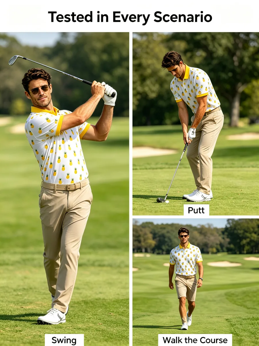 Micro Pineapple Print Resort Golf Polo - 4-Way Stretch Quick Dry Summer Vacation Shirt — custom golf shirt in 88% Recycled Poly / 12% Spandex Silky Jersey (165 GSM), Full-Bleed Digital Sublimation Dye, low MOQ 50 pcs — view 3