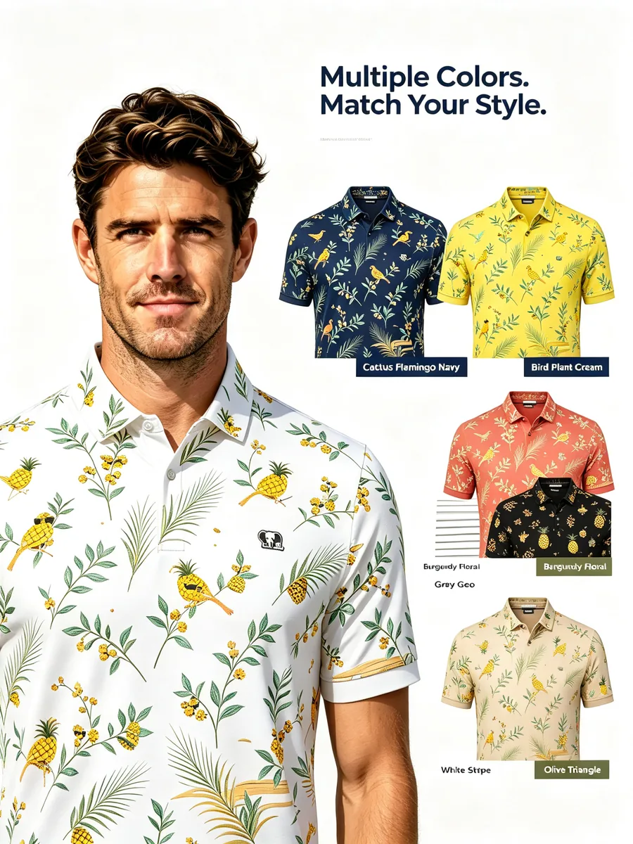 Micro Pineapple Print Resort Golf Polo - 4-Way Stretch Quick Dry Summer Vacation Shirt — custom golf shirt in 88% Recycled Poly / 12% Spandex Silky Jersey (165 GSM), Full-Bleed Digital Sublimation Dye, low MOQ 50 pcs — view 4