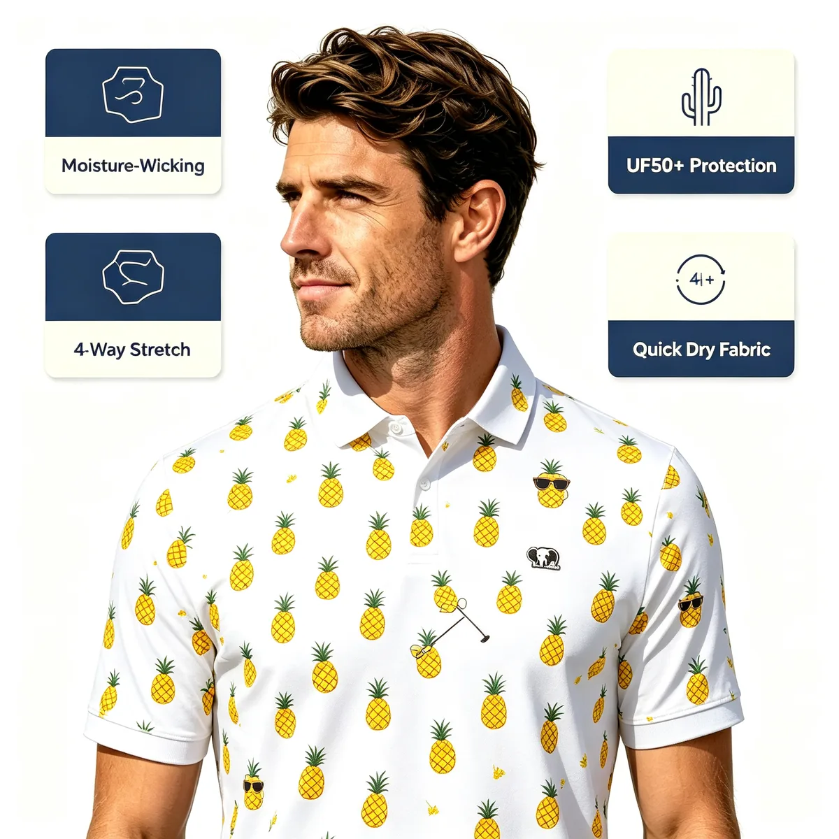 Micro Pineapple Print Resort Golf Polo - 4-Way Stretch Quick Dry Summer Vacation Shirt — custom golf shirt in 88% Recycled Poly / 12% Spandex Silky Jersey (165 GSM), Full-Bleed Digital Sublimation Dye, low MOQ 50 pcs