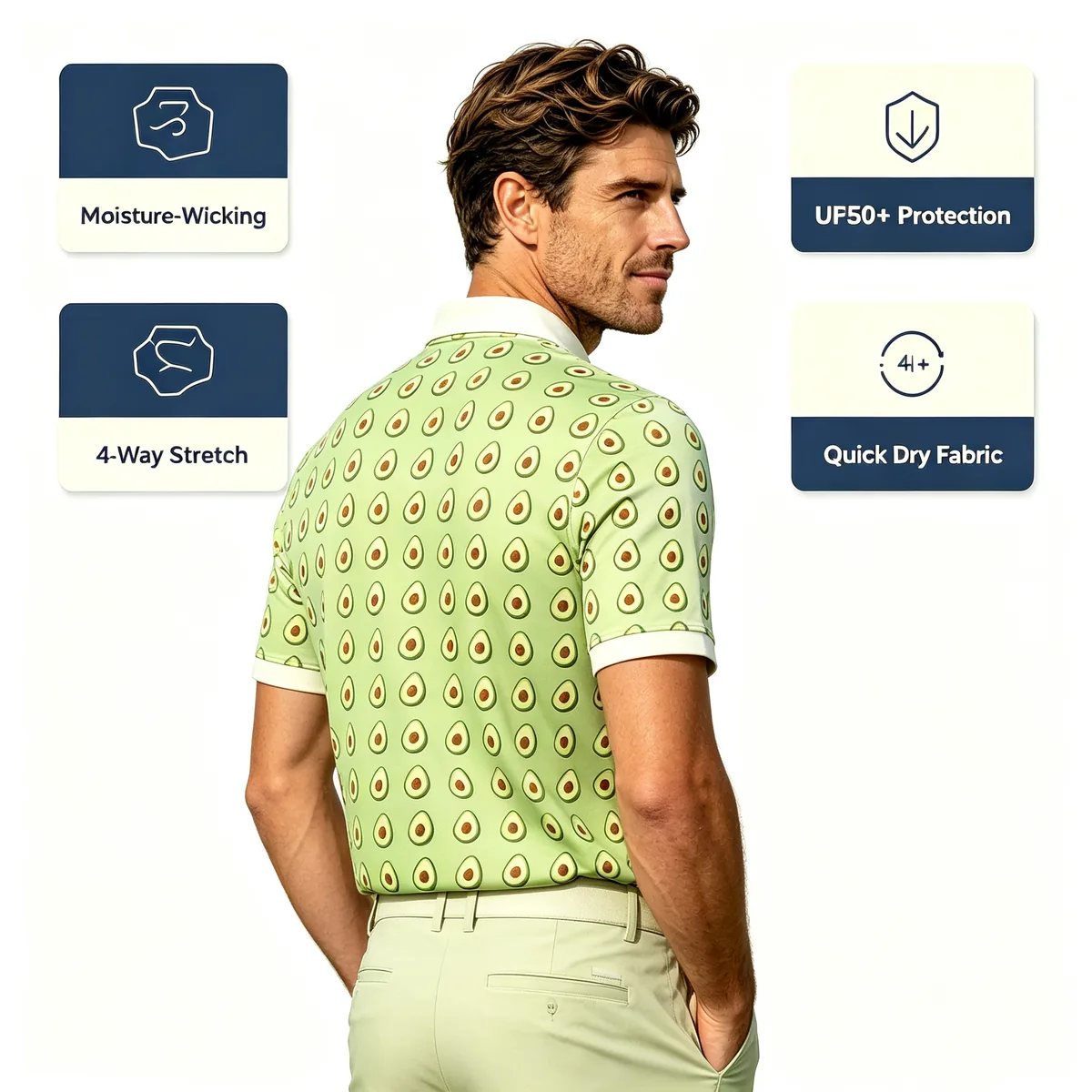 Modern Sliced Avocado Recycled Golf Polo - Eco-Friendly Sustainable Athleisure Fairway Shirt — custom golf shirt in 88% Recycled Poly / 12% Spandex Silky Jersey (165 GSM), Full-Bleed Digital Sublimation Dye, low MOQ 50 pcs — view 2