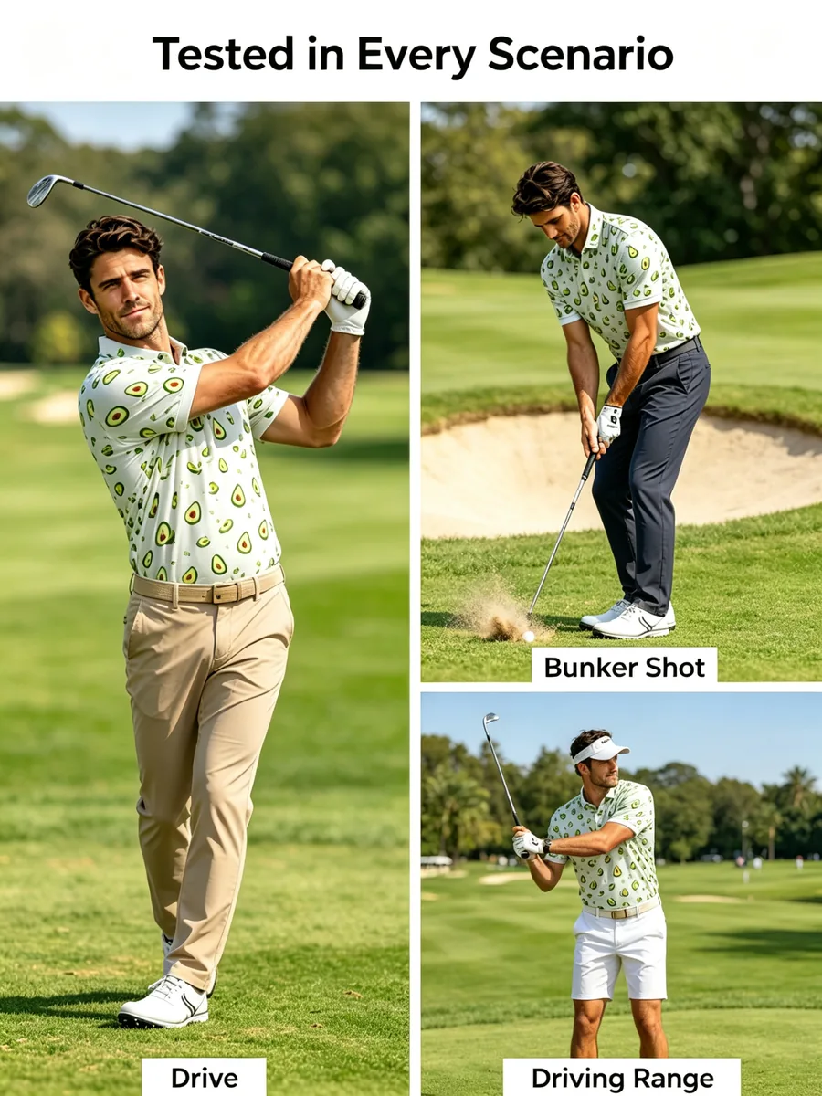 Modern Sliced Avocado Recycled Golf Polo - Eco-Friendly Sustainable Athleisure Fairway Shirt — custom golf shirt in 88% Recycled Poly / 12% Spandex Silky Jersey (165 GSM), Full-Bleed Digital Sublimation Dye, low MOQ 50 pcs — view 3