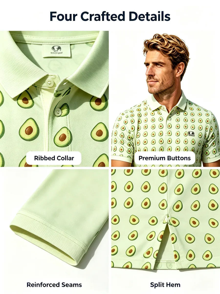 Modern Sliced Avocado Recycled Golf Polo - Eco-Friendly Sustainable Athleisure Fairway Shirt — custom golf shirt in 88% Recycled Poly / 12% Spandex Silky Jersey (165 GSM), Full-Bleed Digital Sublimation Dye, low MOQ 50 pcs — view 4