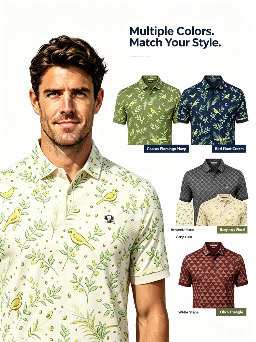 Modern Sliced Avocado Recycled Golf Polo - Eco-Friendly Sustainable Athleisure Fairway Shirt — custom golf shirt in 88% Recycled Poly / 12% Spandex Silky Jersey (165 GSM), Full-Bleed Digital Sublimation Dye, low MOQ 50 pcs