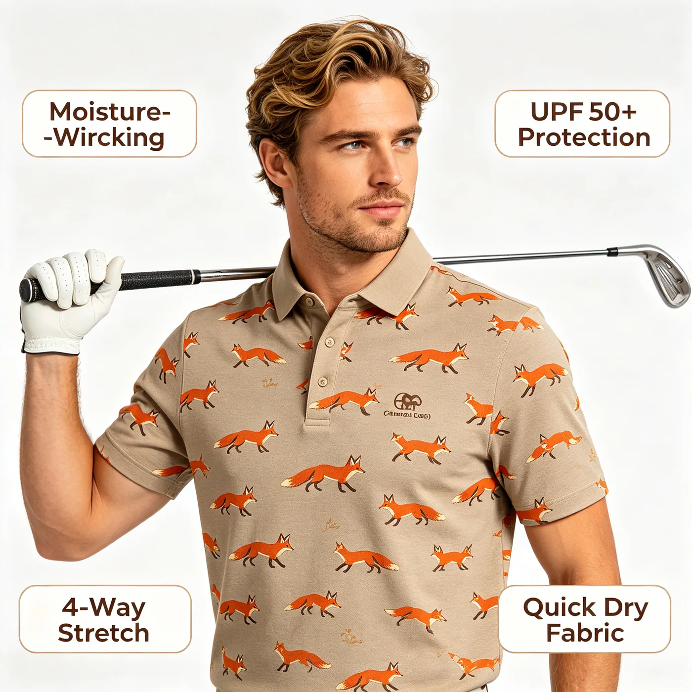 Custom Alpha Wolf Geometric Texture Performance Golf Shirt — custom golf shirt in 92% Polyester / 8% Spandex Technical Knit, Sublimation / 3D Silicone / Embroidery, low MOQ 50 pcs
