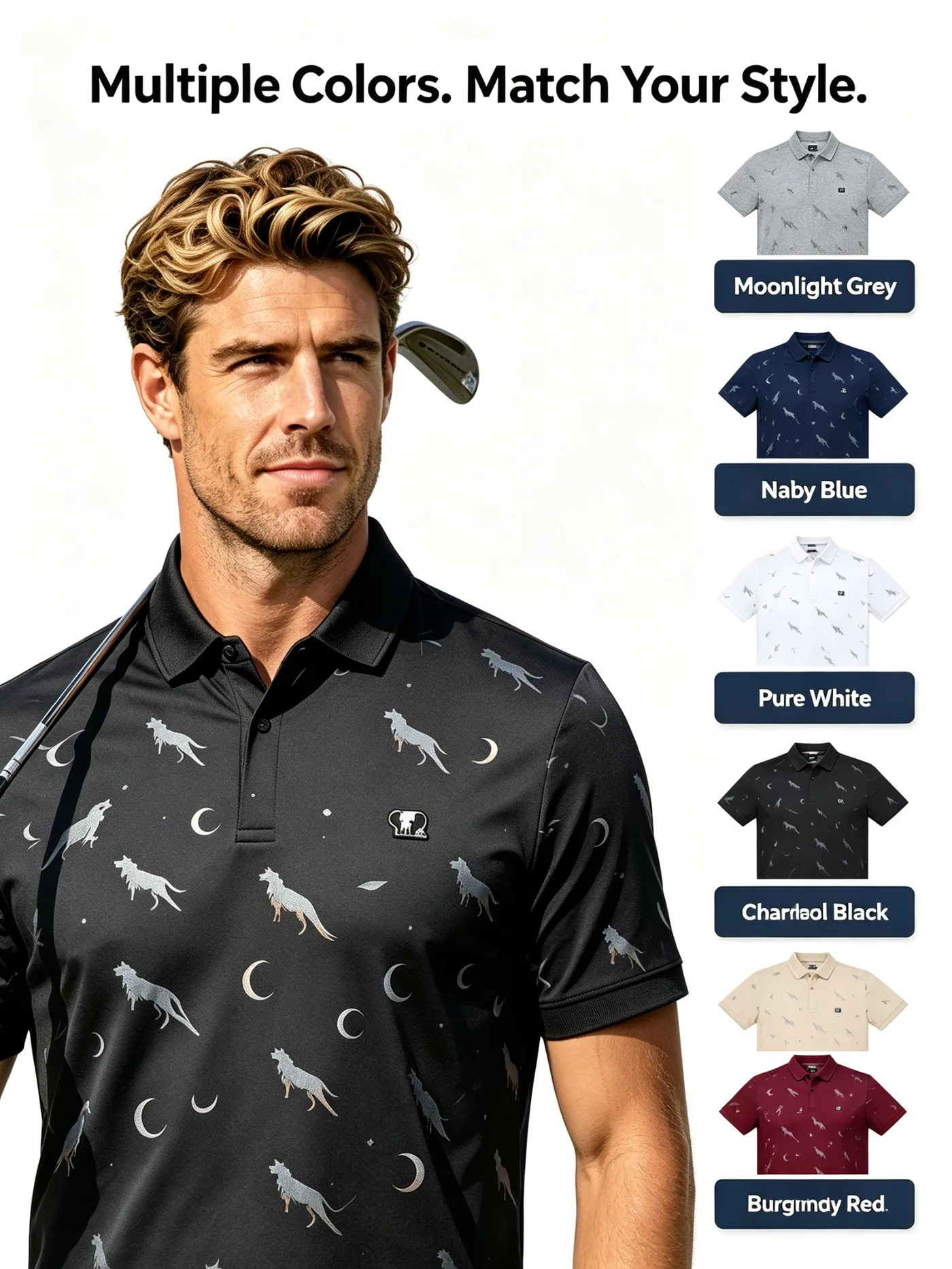 Custom Timber Wolf All Over Print Golf Polo Shirt — custom golf shirt in 92% Polyester / 8% Spandex Technical Knit, Sublimation / 3D Silicone / Embroidery, low MOQ 50 pcs — view 3