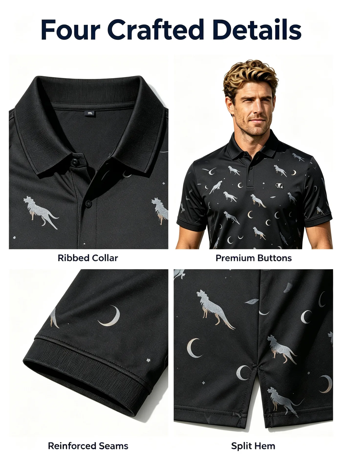 Custom Timber Wolf All Over Print Golf Polo Shirt — custom golf shirt in 92% Polyester / 8% Spandex Technical Knit, Sublimation / 3D Silicone / Embroidery, low MOQ 50 pcs — view 4