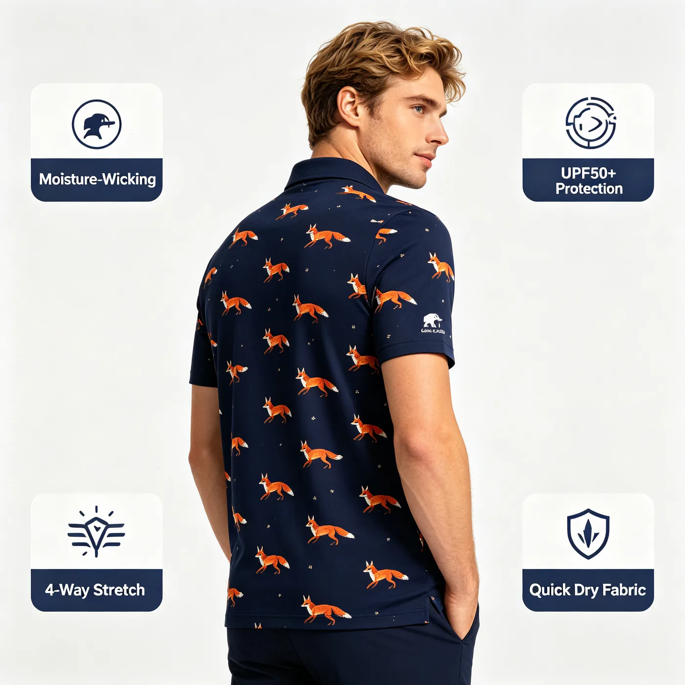Custom Timber Wolf All Over Print Golf Polo Shirt — custom golf shirt in 92% Polyester / 8% Spandex Technical Knit, Sublimation / 3D Silicone / Embroidery, low MOQ 50 pcs — view 5
