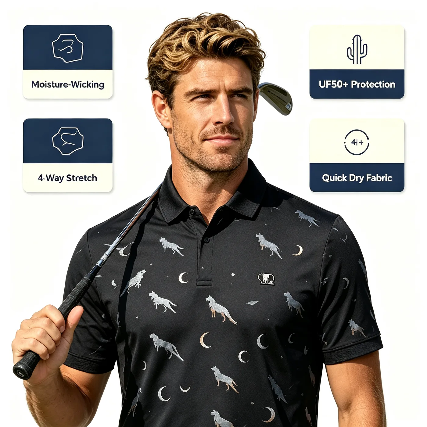 Custom Timber Wolf All Over Print Golf Polo Shirt — custom golf shirt in 92% Polyester / 8% Spandex Technical Knit, Sublimation / 3D Silicone / Embroidery, low MOQ 50 pcs