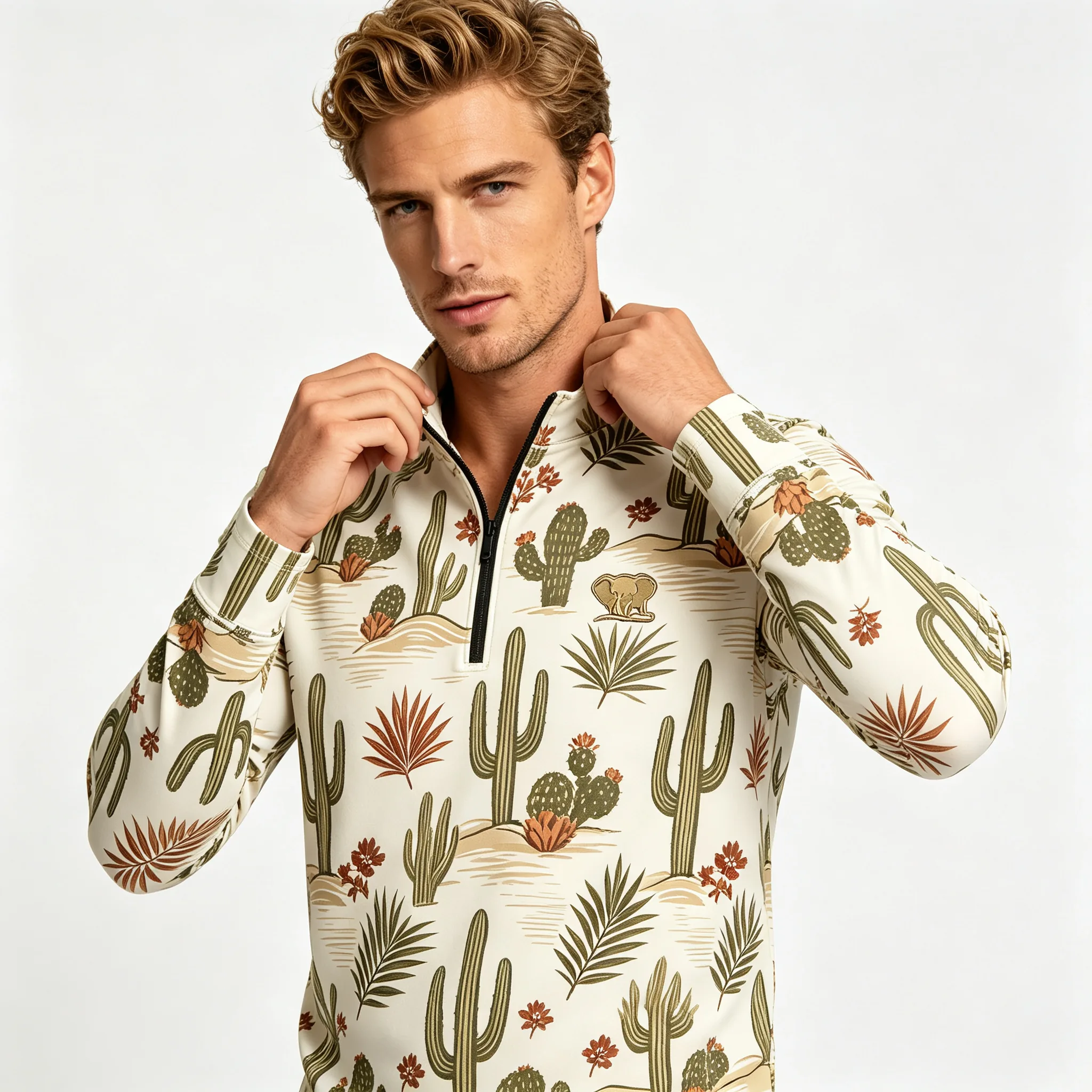 Scottsdale Desert Cactus Custom Cotton-Rich Stretch Golf Quarter-Zip for Corporate Teams — custom golf quarter zip in 70% Cotton / 26% Polyester / 4% Spandex Jersey; 6.1 oz, Embroidery / print; sample approval required, low MOQ 50 pcs — view 2