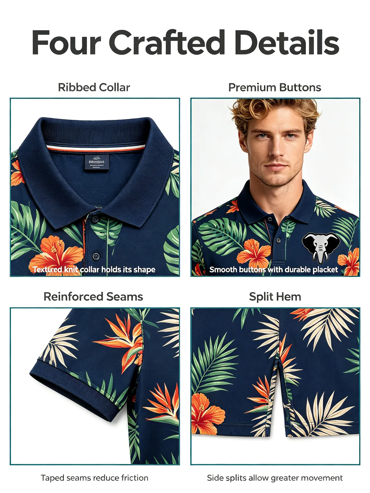 Hawaiian Tropical Golf Shirt: Sublimated UPF 50+ Team Polos — Colorway 1 — custom golf shirt in 92% Polyester 8% Spandex, Custom Logo, low MOQ 50 pcs — view 2