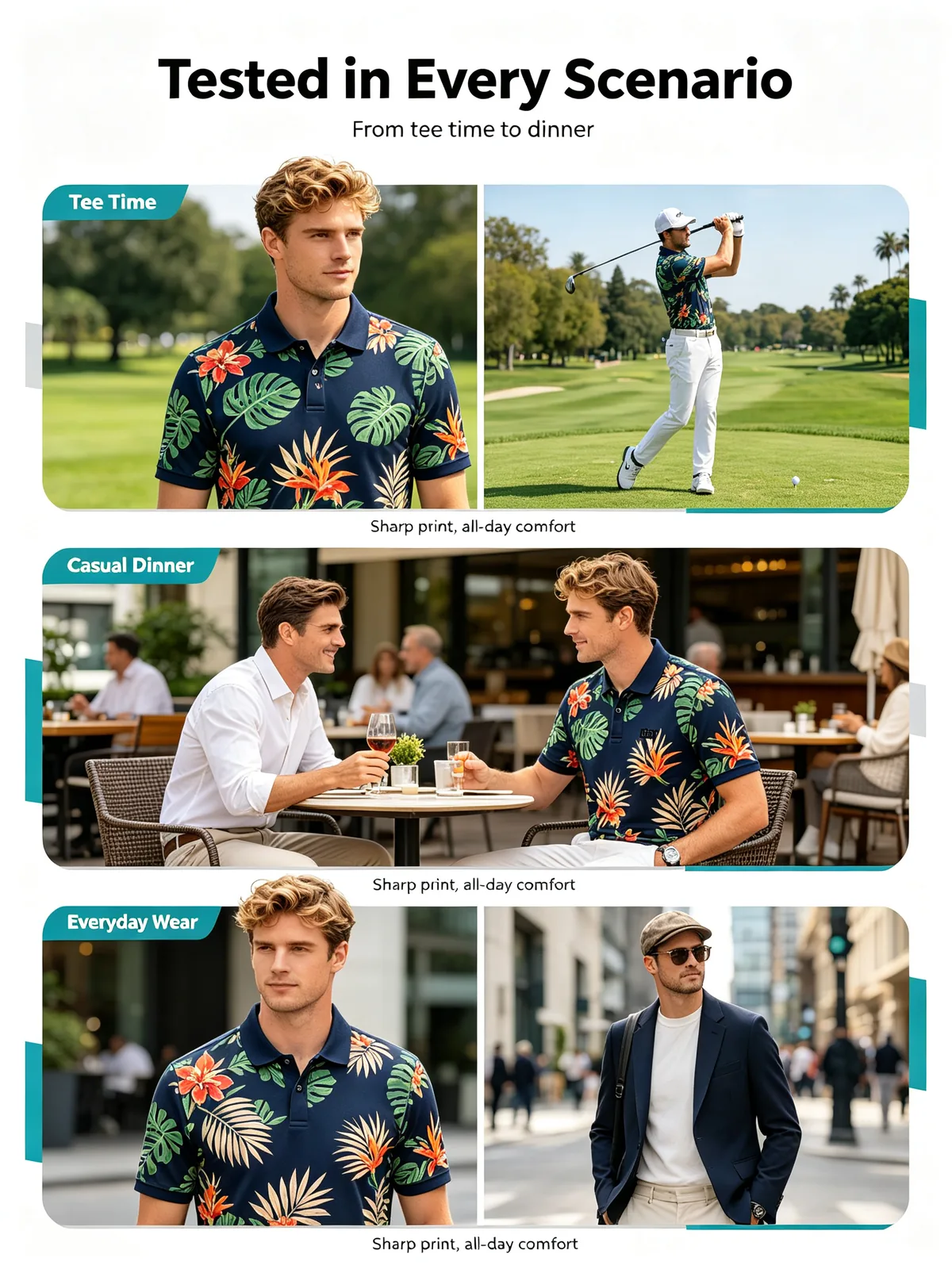 Hawaiian Tropical Golf Shirt: Sublimated UPF 50+ Team Polos — Colorway 1 — custom golf shirt in 92% Polyester 8% Spandex, Custom Logo, low MOQ 50 pcs — view 3
