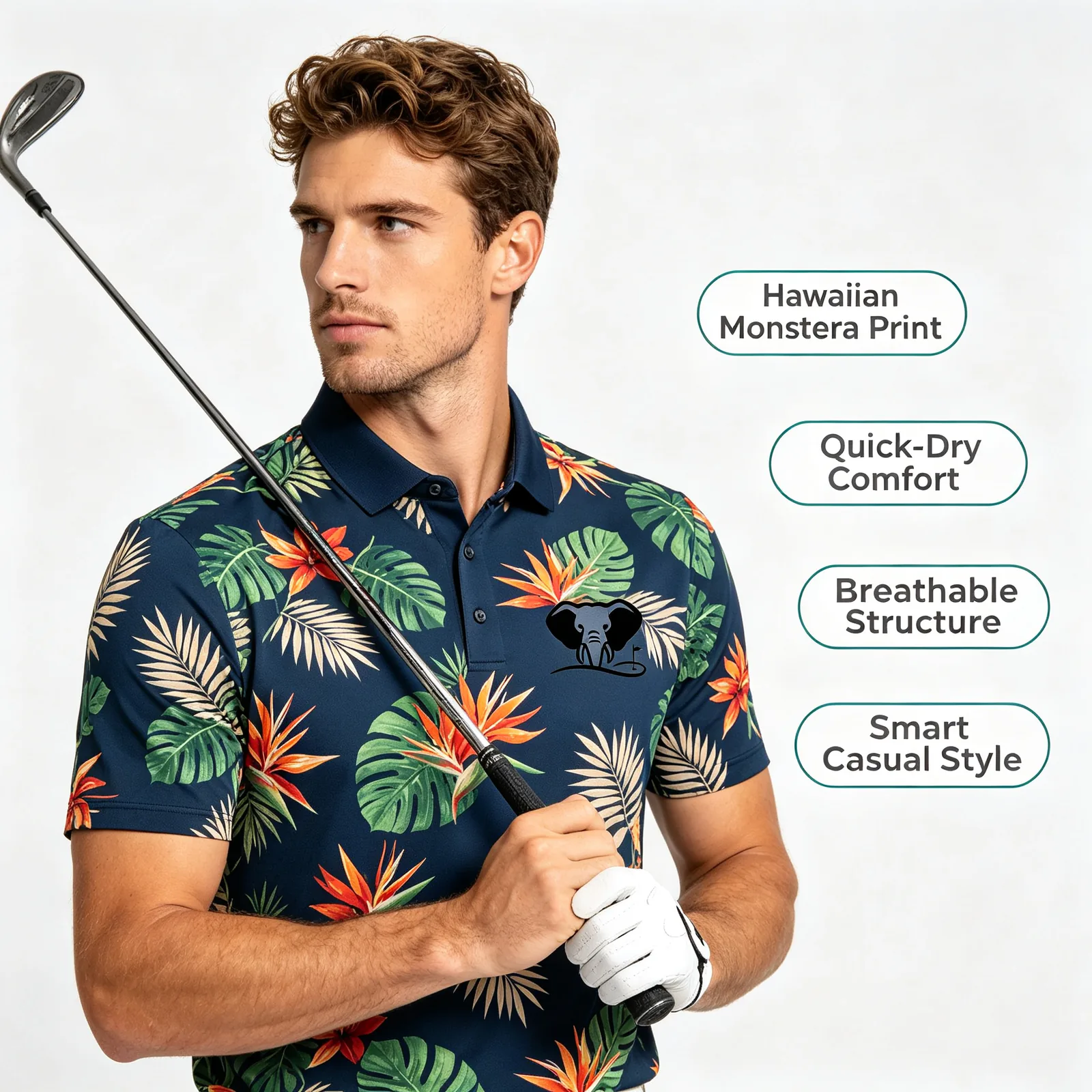 Hawaiian Tropical Golf Shirt: Sublimated UPF 50+ Team Polos — Colorway 1 — custom golf shirt in 92% Polyester 8% Spandex, Custom Logo, low MOQ 50 pcs