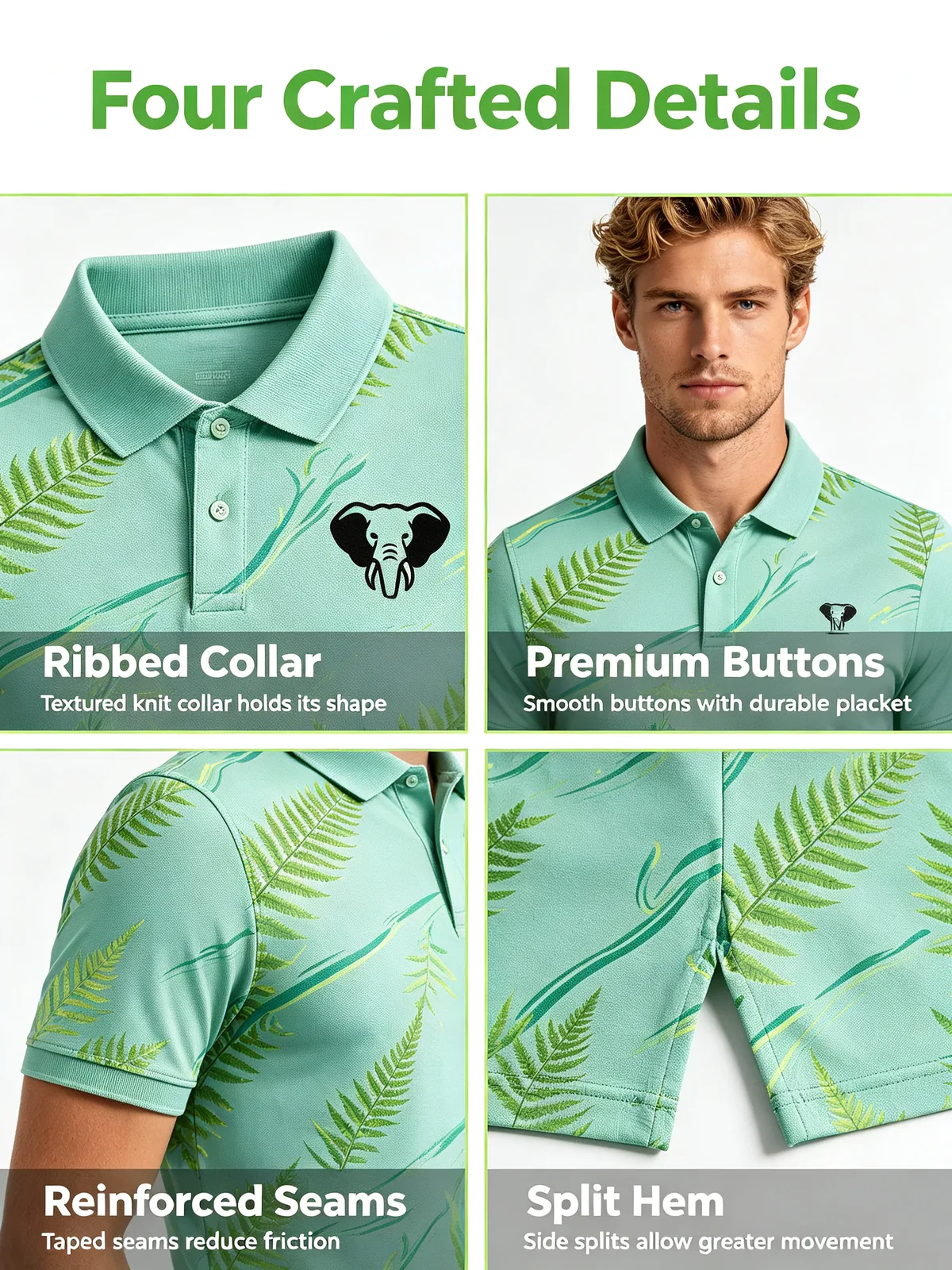 Botanical Print Golf Shirt: All-Over Sublimated Team Polos — custom golf shirt in 92% Polyester 8% Spandex, Custom Logo, low MOQ 50 pcs — view 2